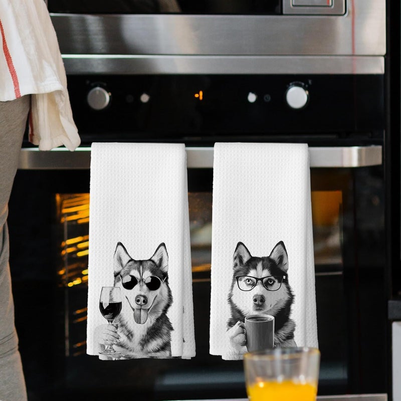 Mcehtle Funny Siberian Husky Kitchen Towels Set of 2, Funny Dog Kitchen Accessories, Coffee Station Wine Bar Decor, Dog Chef Gift Hand Towel, Dining Room Decorative Tea Towel Dish Towels 16x24 Inch - Image 2